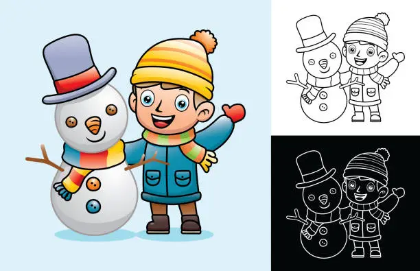Vector illustration of Vector cartoon of little boy in winter coat standing with funny snowman