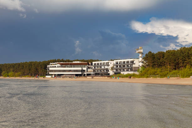 TALLINN, ESTONIA - NOV 2, 2020: Hotel on the Pirita beach close to Olympic Sailing Centre in Pirita. Center was built for the Olympic Games in 1980 stock photo