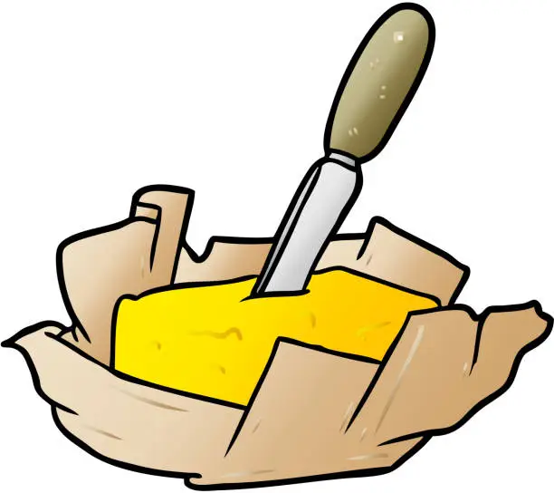 Vector illustration of cartoon traditional pat of butter with knife