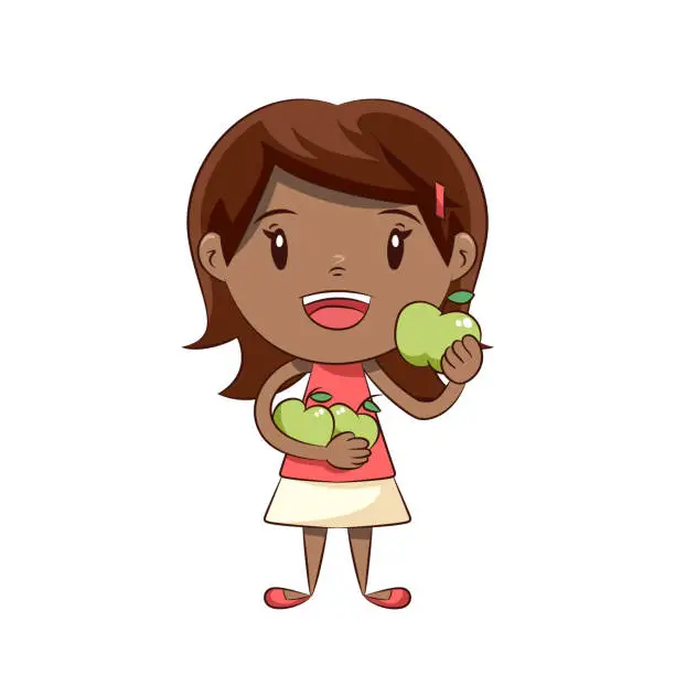 Vector illustration of Little girl eat green apples