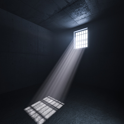 interior of a prison, sunlight coming through the window. 3d render
