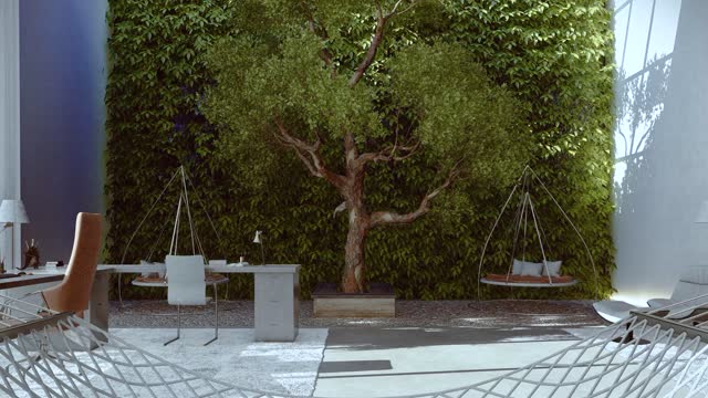 Animation rendering 3d video of a spacious and modern living room with a tree and a vertical garden of a big and luxurious villa house with home office