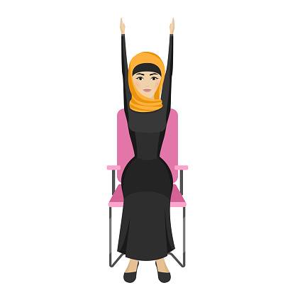 Muslim woman is doing exercises on the office chair. Arab woman in healthy pose. Vector illustration.