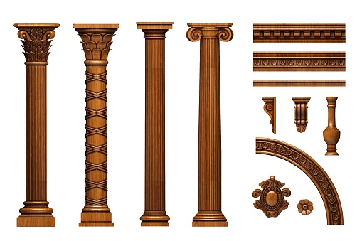 3d illustration. A set of carved wooden carpentry elements of columns, brackets, balustrades