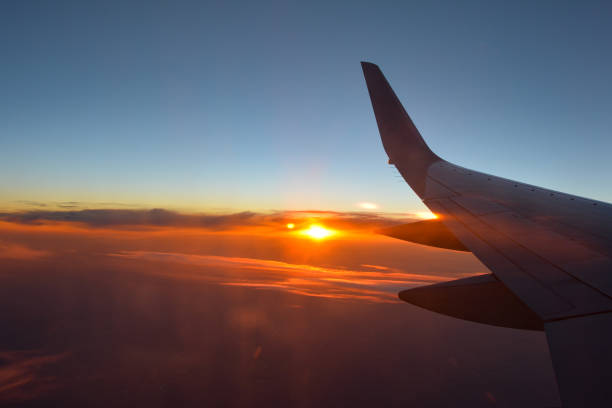 istock View from an airplane window showing the wing and the sunset 1463855858