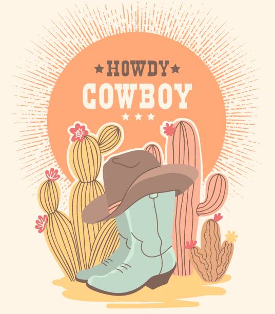 illustrazioni stock, clip art, cartoni animati e icone di tendenza di stivali da cowboy e cactus campagna del deserto americano con testo howdy sull'illustrazione dello sfondo del sole. vintage western colore illustrazione cowboy stivali e cappello in stile teneri colori. simbolo del cowboy della fattoria di campagna vettori - wild west immagine