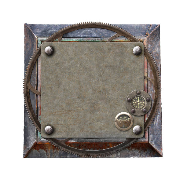 istock Metallic square frame with vintage metal details and retro rivets. Isolated on white background. Mock up template. Copy space for text 1463858366