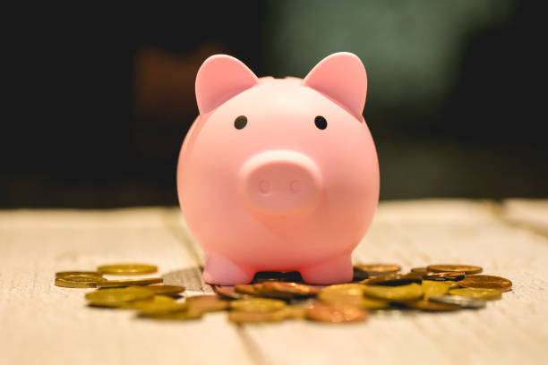 istock A piggy bank on a table with coins. 1463859327