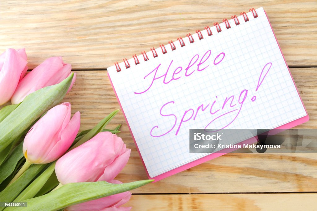 Hermoso Ramo De Flores De Tulipanes Rosas Y Texto Hola Primavera En Cuaderno Sobre Fondo De Madera Natural Vista Desde Arriba Primavera Vacaciones Foto de stock y más banco de imágenes de Hermoso Ramo De Flores De Tulipanes Rosas Y Texto Hola Primavera En Cuaderno Sobre Fondo De Madera Natural Vista Desde Arriba Primavera Vacaciones Foto de stock y más banco de imágenes de