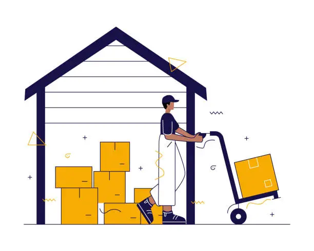 Vector illustration of Male worker at warehouse carrying something. Employee at a shipping company or a warehouse. Transport, wheelbarrow, cardboard box, warehouse. Ready-made design for logistics and transportation.