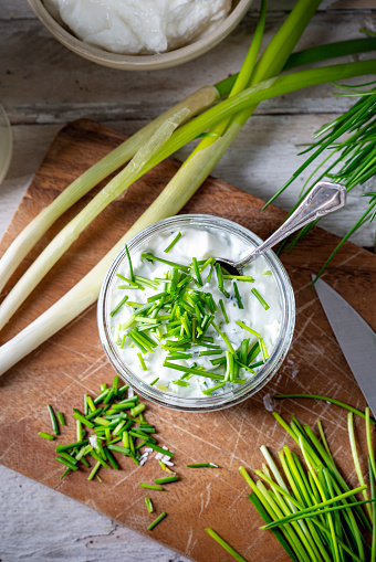 Fresh curd and herbs - dairy product. Quark. Fruehlingsquark