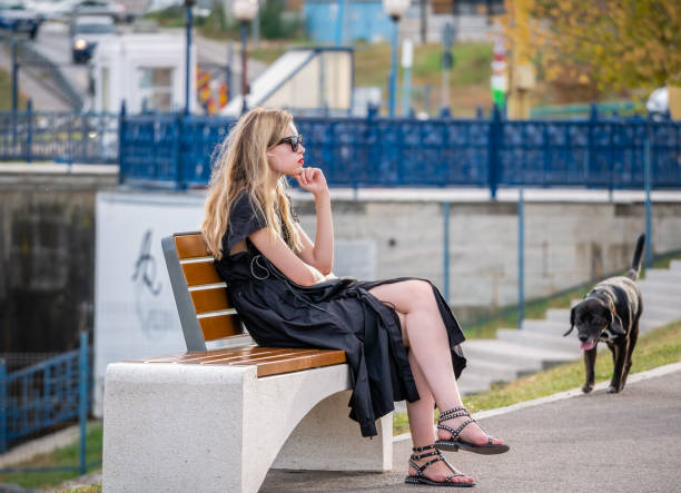 scène colorée avec une jeune fille solitaire assise sur un banc au bord du lac dambovita - at the edge of audio photos et images de collection