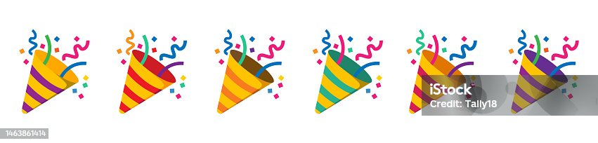 istock Party popper icons in different colors.Confetti logo,congratulate and celebrate elements.Vector party poppers set.Exploding cracker icon. 1463861414