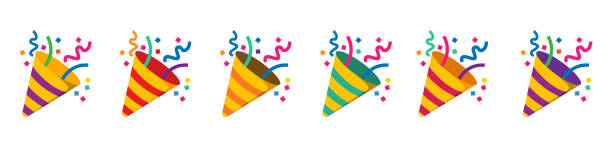 Party popper icons in different colors.Confetti logo,congratulate and celebrate elements.Vector party poppers set.Exploding cracker icon. Party popper icons in different colors.Confetti logo,congratulate and celebrate elements.Vector party poppers set.Exploding cracker icon. party popper stock illustrations