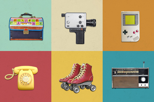 Retro things set from 1980s and 1990s. Collection of vintage collectibles on colorful background