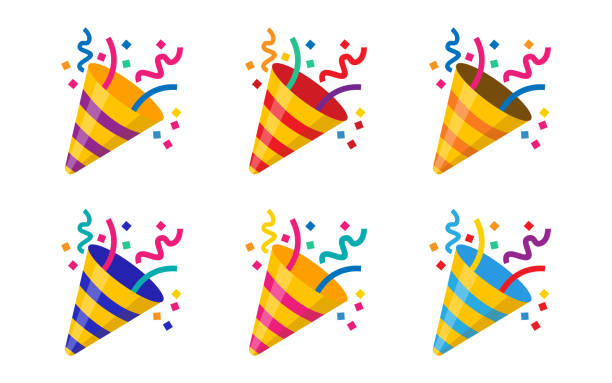 Party popper icons in different colors.Confetti logo,congratulate and celebrate elements.Vector party poppers set.Exploding cracker icon. Party popper icons in different colors.Confetti logo,congratulate and celebrate elements.Vector party poppers set.Exploding cracker icon. party popper stock illustrations