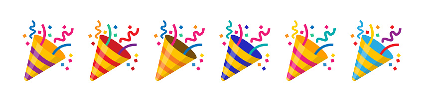 Party popper icons in different colors.Confetti logo,congratulate and celebrate elements.Vector party poppers set.Exploding cracker icon.