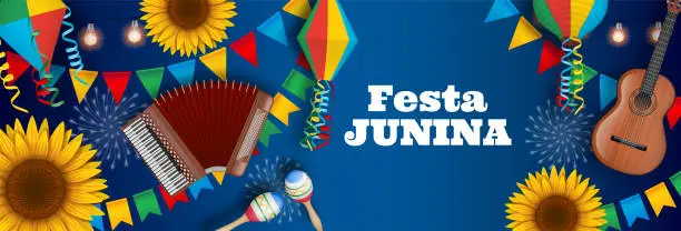 Vector illustration of festa junina banner with colorful pennants, balloons, sunflowers, accordion, guitar and maracas. june brazilian festival banner