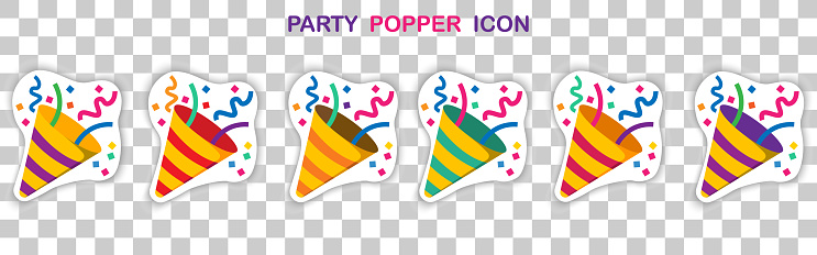 Party popper stickers in different colors.Confetti logo,congratulate and celebrate elements.Vector party popper icons set.Exploding cracker icon.