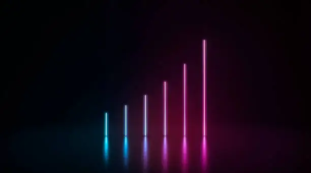 Photo of Neon colored glowing vertical line stand in darkness