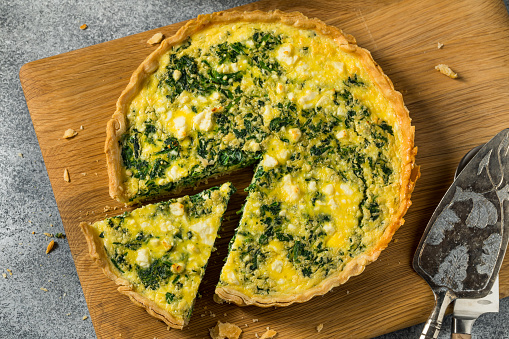 Homemade Feta Spinach Quiche Tart with Eggs and Onion