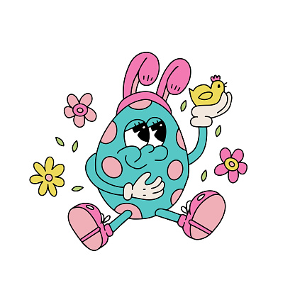 Isolated retro groovy easter egg character. Cute siting mascot with banny ears holding littl chicken. Spring holiday concept in trendy retro 60s 70s cartoon style. Vector doodle drawn illustration.