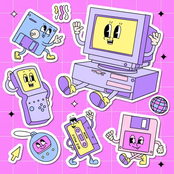 Vector illustration of Back to 90s sticker pack. Old fashioned set of old computer pc, vintage misic cassette, floppy disk, tetris and tamagochi mascots in retro cartoon style. Nostalgia for 1990s. Vector illustration.