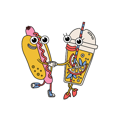 Cartoon retro hot dog and lemonade drink in plastic cup characters. Holding hands vintage mascots. Groovy couple in love. Valentine s day isolated concept. Contour vector illustration