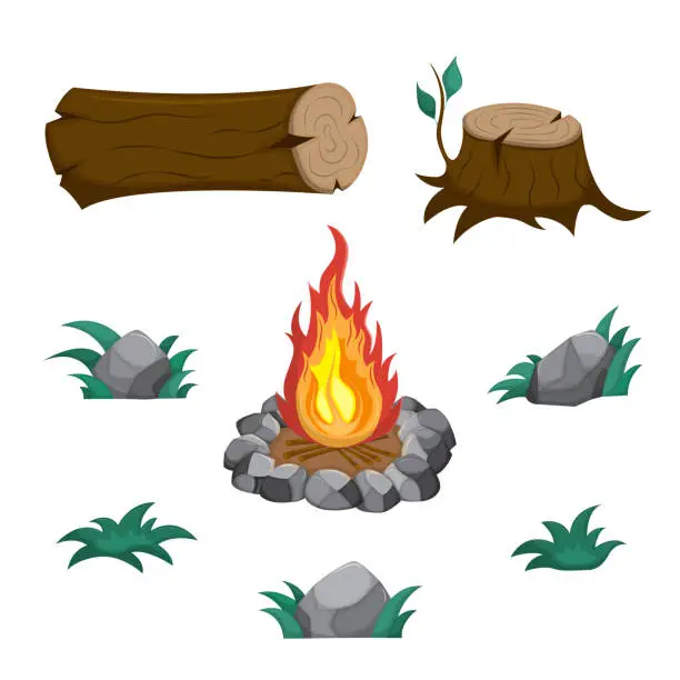 Vector illustration of Stump, log, campfire, rocks and grass. Set of forest, camping, adventure, travel elements. Vector illustration isolated on white background.