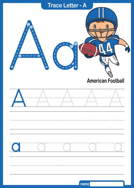 Vector illustration of Alphabet Trace Letter A to Z preschool worksheet with the Letter A American Football Pro Vector