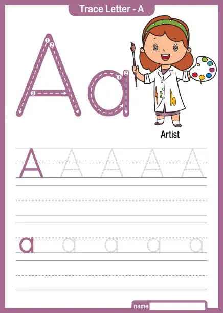 Vector illustration of Alphabet Trace Letter A to Z preschool worksheet with the Letter A Artist Pro Vector