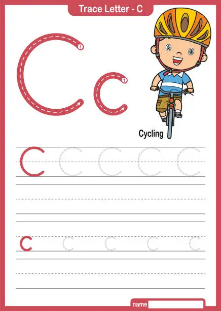 Vector illustration of Alphabet Trace Letter A to Z preschool worksheet with the Letter C Cycling Pro Vector