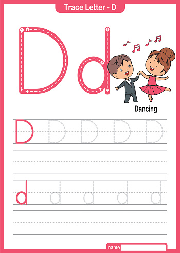 Alphabet Trace Letter A to Z preschool worksheet with the Letter D Dancing Pro Vector