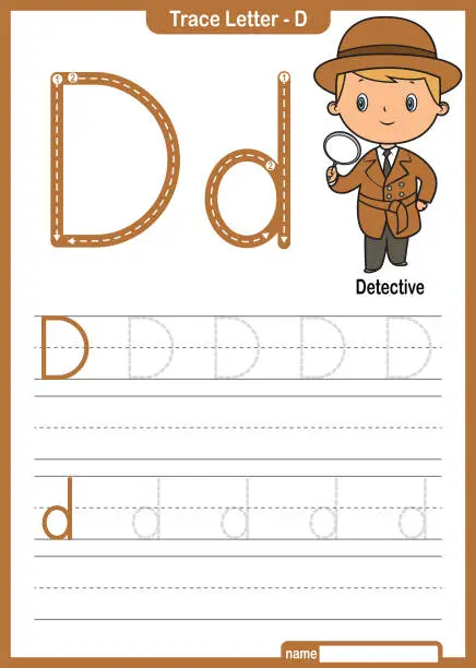 Vector illustration of Alphabet Trace Letter A to Z preschool worksheet with the Letter D  Detective Pro Vector