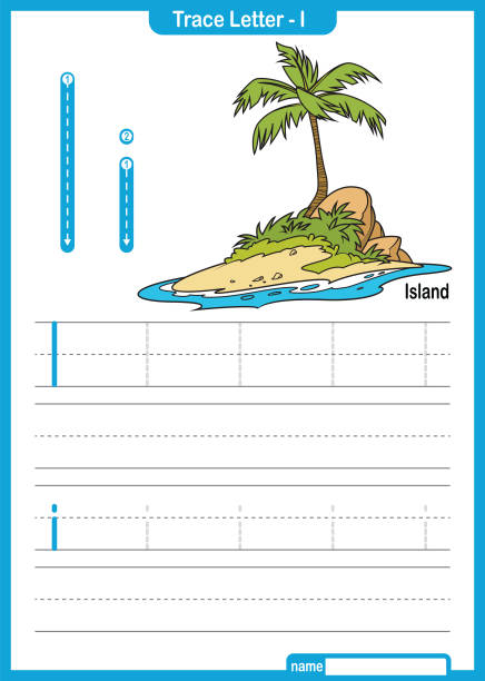 ilustrações, clipart, desenhos animados e ícones de planilha de pré-escola alfabeto trace letra a a z com o vetor pro da ilha da letra i - island education learning letter i