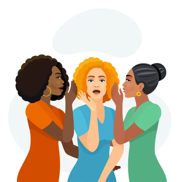Vector illustration of Gossip girls. Young Women Whispering Secrets. African American Woman. Surprised Redhead Woman.