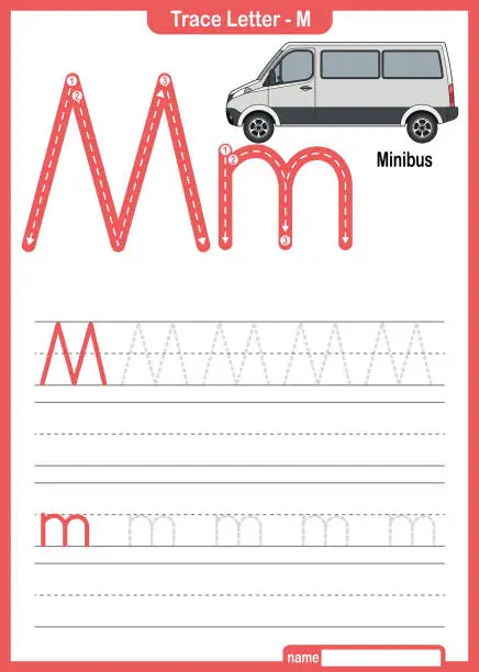 Vector illustration of Alphabet Trace Letter A to Z preschool worksheet with the Letter M Minibus Pro Vector