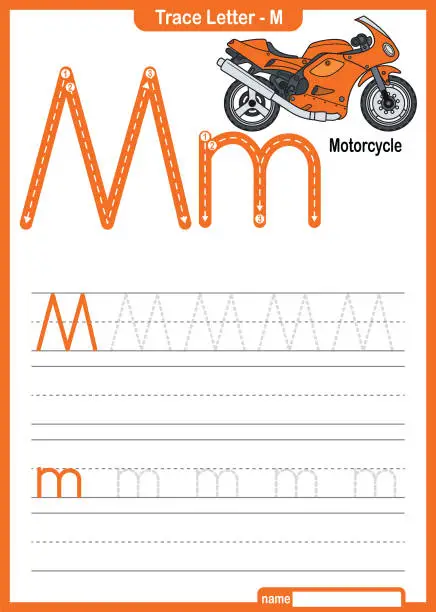 Vector illustration of Alphabet Trace Letter A to Z preschool worksheet with the Letter M Motorcycle Pro Vector