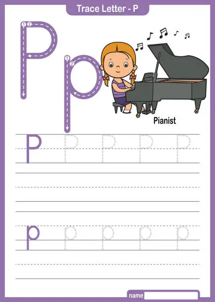 Vector illustration of Alphabet Trace Letter A to Z preschool worksheet with the Letter P Pianist Pro Vector