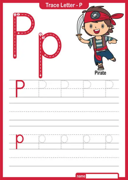 Vector illustration of Alphabet Trace Letter A to Z preschool worksheet with the Letter P Pirate Pro Vector