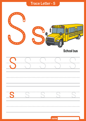Alphabet Trace Letter A to Z preschool worksheet with the Letter S School bus Pro Vector