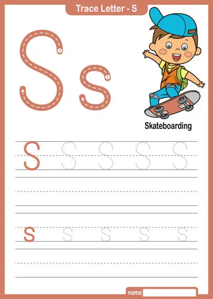 Vector illustration of Alphabet Trace Letter A to Z preschool worksheet with the Letter S Skateboarding Pro Vector