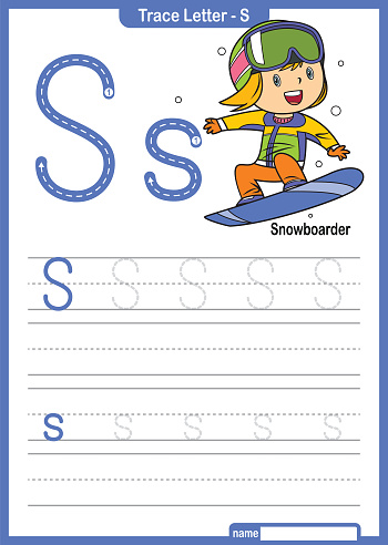 Alphabet Trace Letter A to Z preschool worksheet with the Letter S Snowboarder Pro Vector