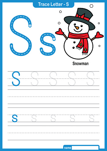 Alphabet Trace Letter A to Z preschool worksheet with the Letter S Snowman Pro Vector