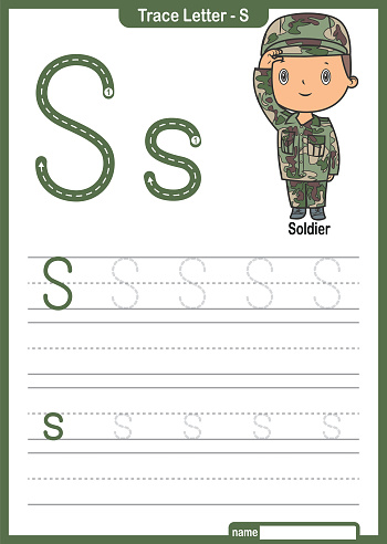 Alphabet Trace Letter A to Z preschool worksheet with the Letter S  Soldier Pro Vector