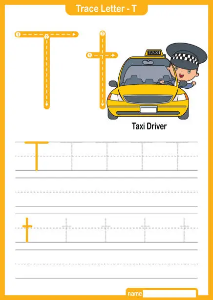 Vector illustration of Alphabet Trace Letter A to Z preschool worksheet with the Letter T Taxi Driver Pro  Vector