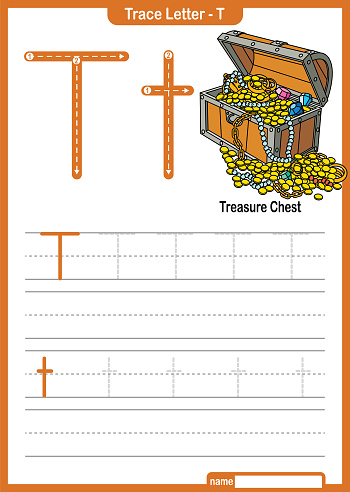 Alphabet Trace Letter A to Z preschool worksheet with the Letter T Treasure Chest Pro Vector