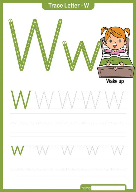 Vector illustration of Alphabet Trace Letter A to Z preschool worksheet with the Letter W Wake up  Pro Vector