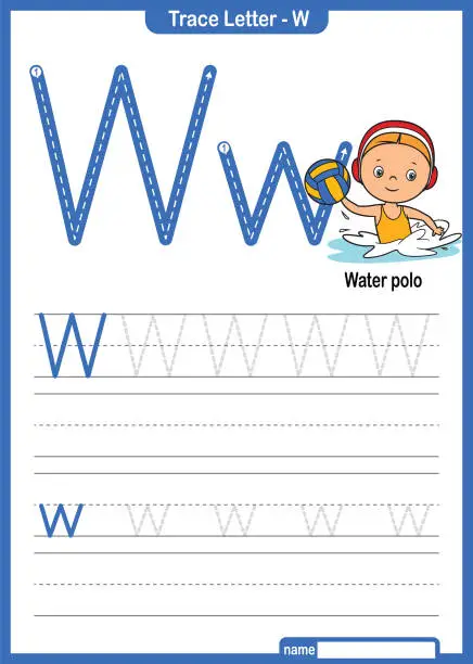 Vector illustration of Alphabet Trace Letter A to Z preschool worksheet with the Letter W Water polo Pro Vector