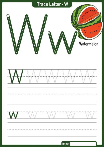 Vector illustration of Alphabet Trace Letter A to Z preschool worksheet with the Letter W Watermelon Pro Vector